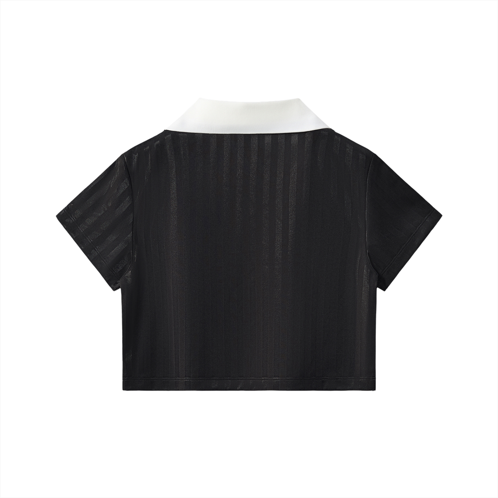 Womens Contrast Collar Striped Cropped Jersey Polo