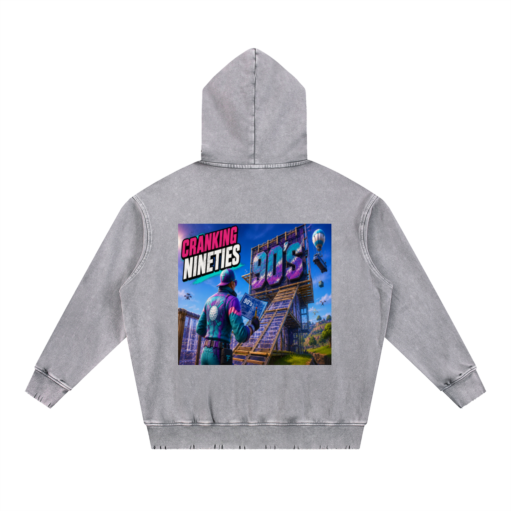 Sweat à Capuche Lourd Neige Délavé Effiloché à la Main - Cranking NINETIES