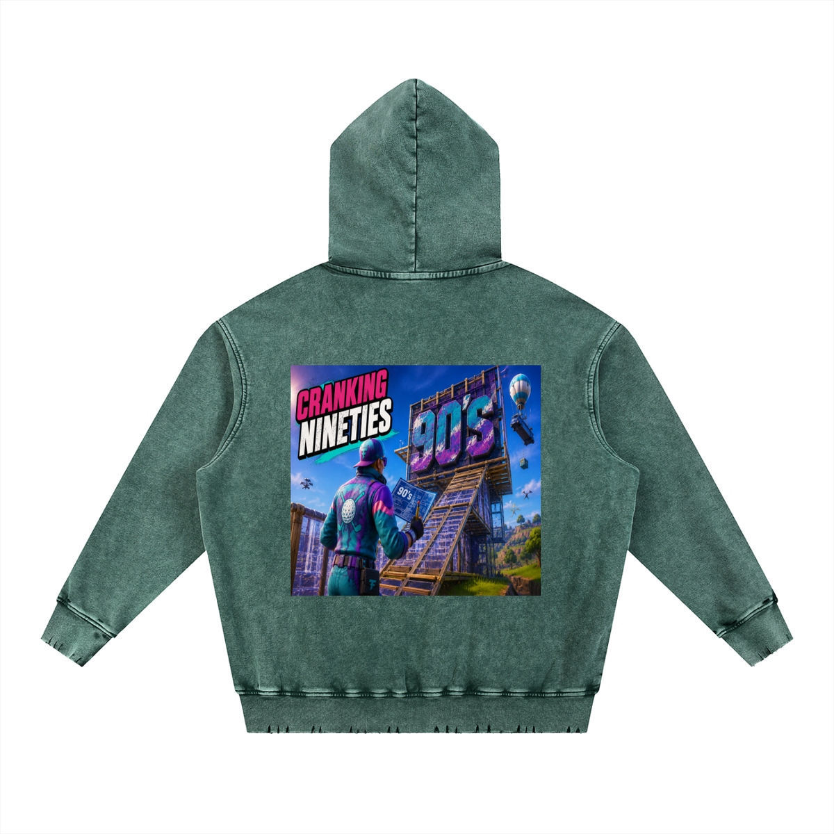 Sweat à Capuche Lourd Neige Délavé Effiloché à la Main - Cranking NINETIES