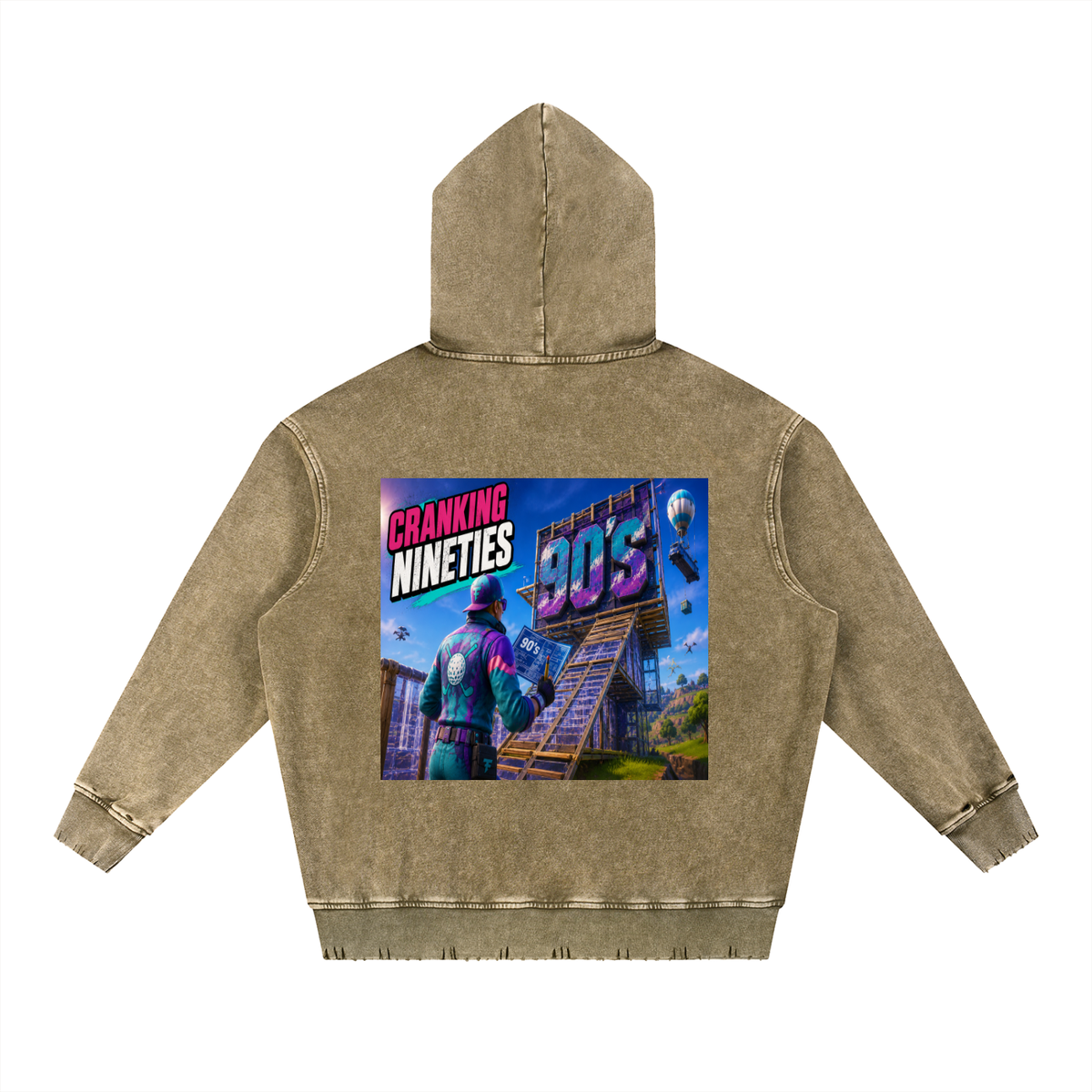 Sweat à Capuche Lourd Neige Délavé Effiloché à la Main - Cranking NINETIES