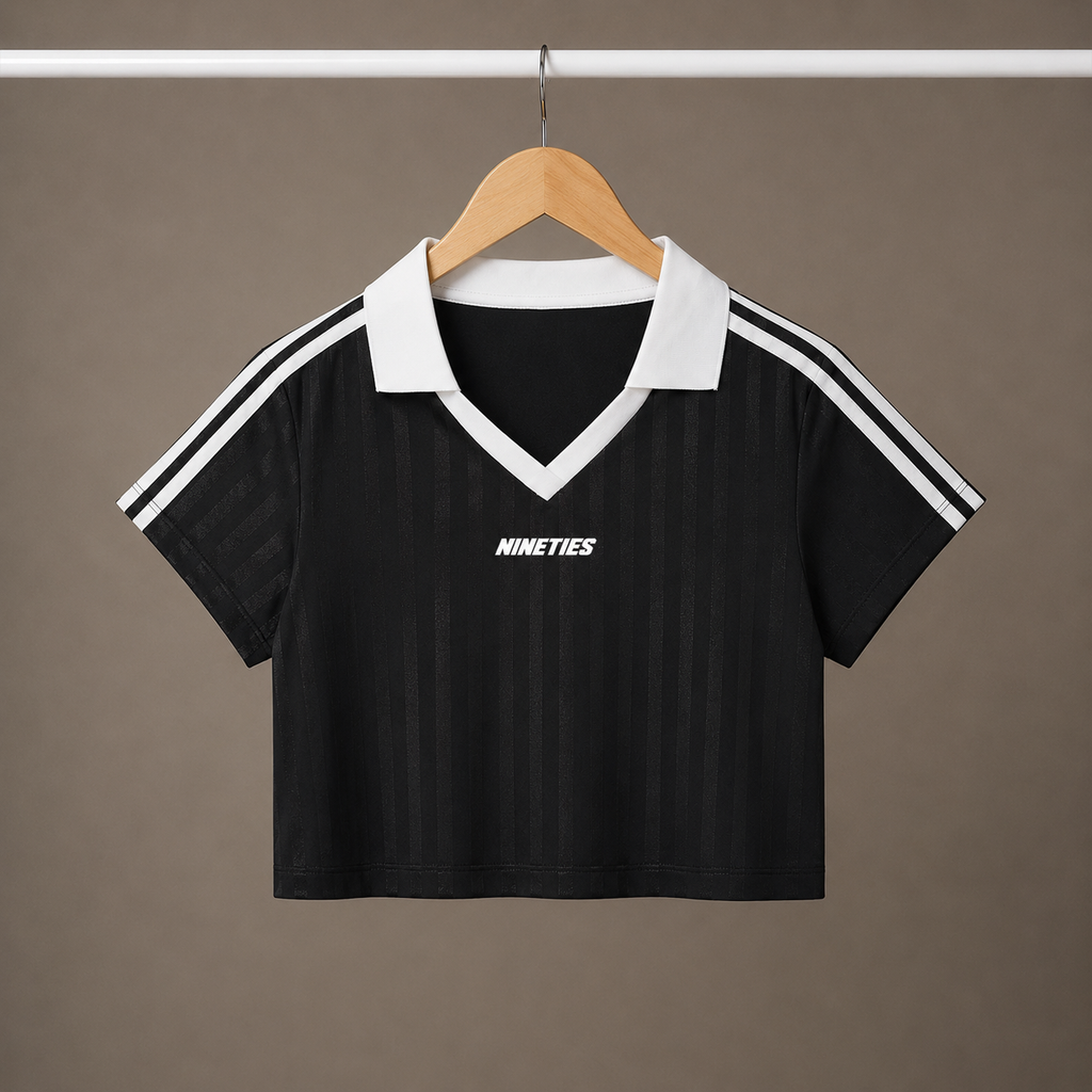 Womens Contrast Collar Striped Cropped Jersey Polo
